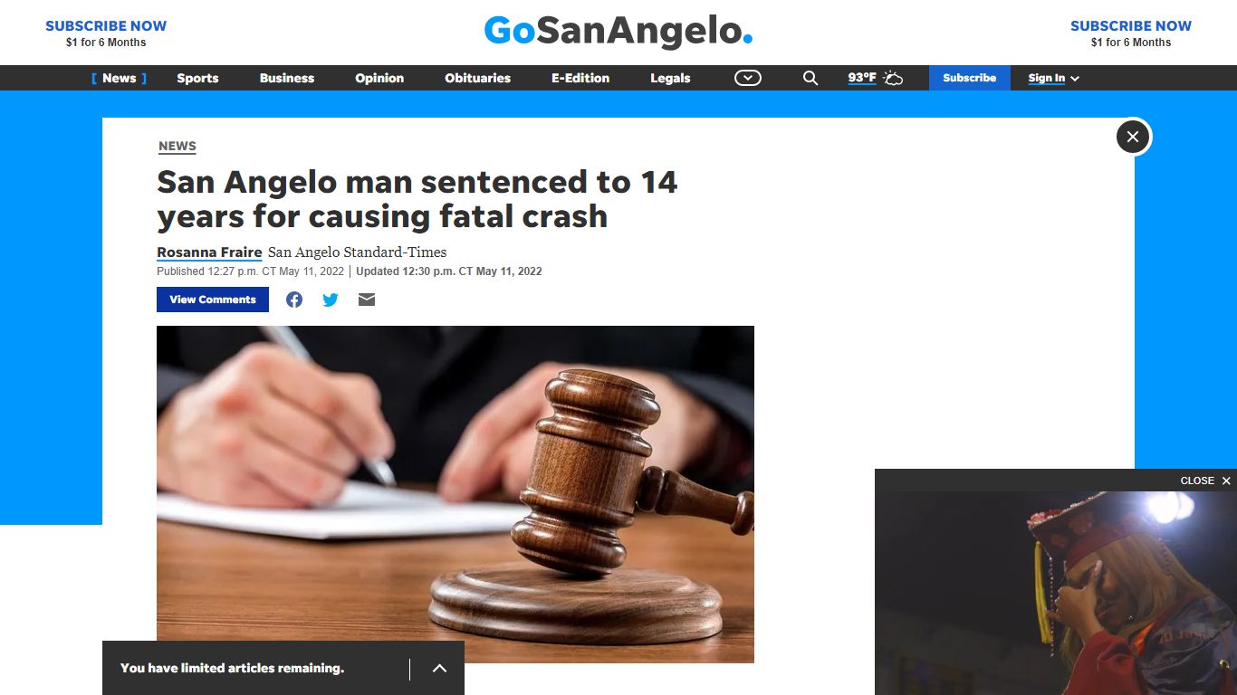 San Angelo man sentenced to 14 years for causing fatal crash